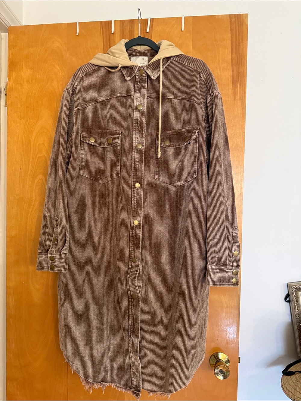 Oli & Hali Mocha Corduroy Longline Distressed Shacket w/Cream Hood Snap Closure